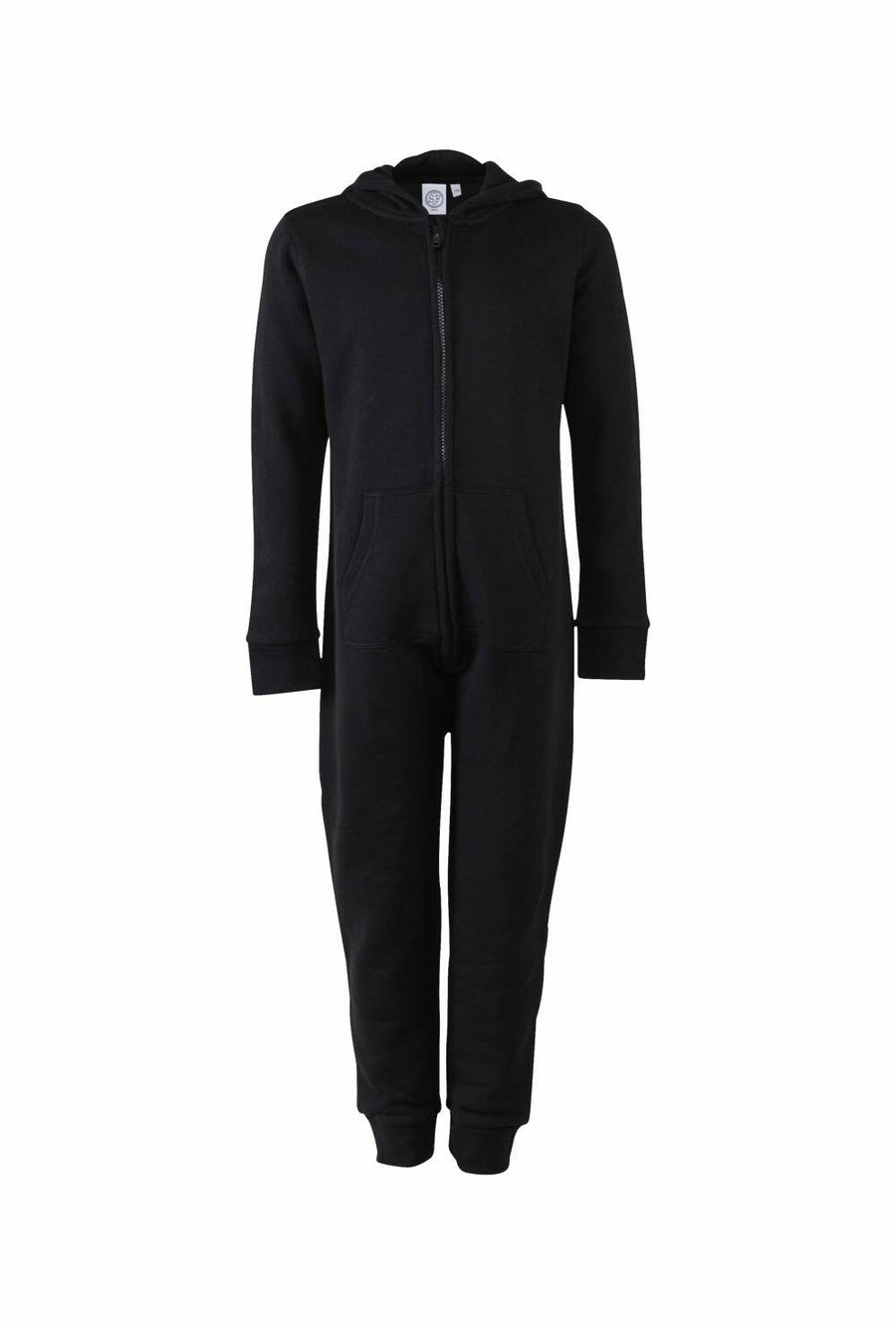 The SM470 by Skinnifit is a black full-body onesie featuring a hood, front zipper, long sleeves, and pockets.