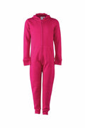 Skinnifit SM470 bright pink hooded onesie with front zipper and pockets, displayed on a white background.