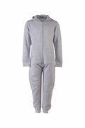 The SM470 by Skinnifit is a gray hooded onesie featuring a front zipper and long sleeves, showcased against a white background.