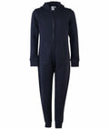 The Skinnifit SM470 is a full-length zip-up onesie in dark navy blue, complete with long sleeves and a hood. It includes front pockets and ribbed cuffs at the wrists and ankles.