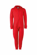 Introducing the SM470 by Skinnifit, a vibrant red one-piece jumpsuit equipped with a hood and front zipper. This fitted suit includes long sleeves with cuffs and convenient front pockets, making it perfect for casual or lounging wear.