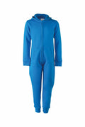 The Skinnifit SM470 is a full-length onesie in bright blue, featuring a front zipper, hood, long sleeves, and front pockets. It is displayed against a plain white background.