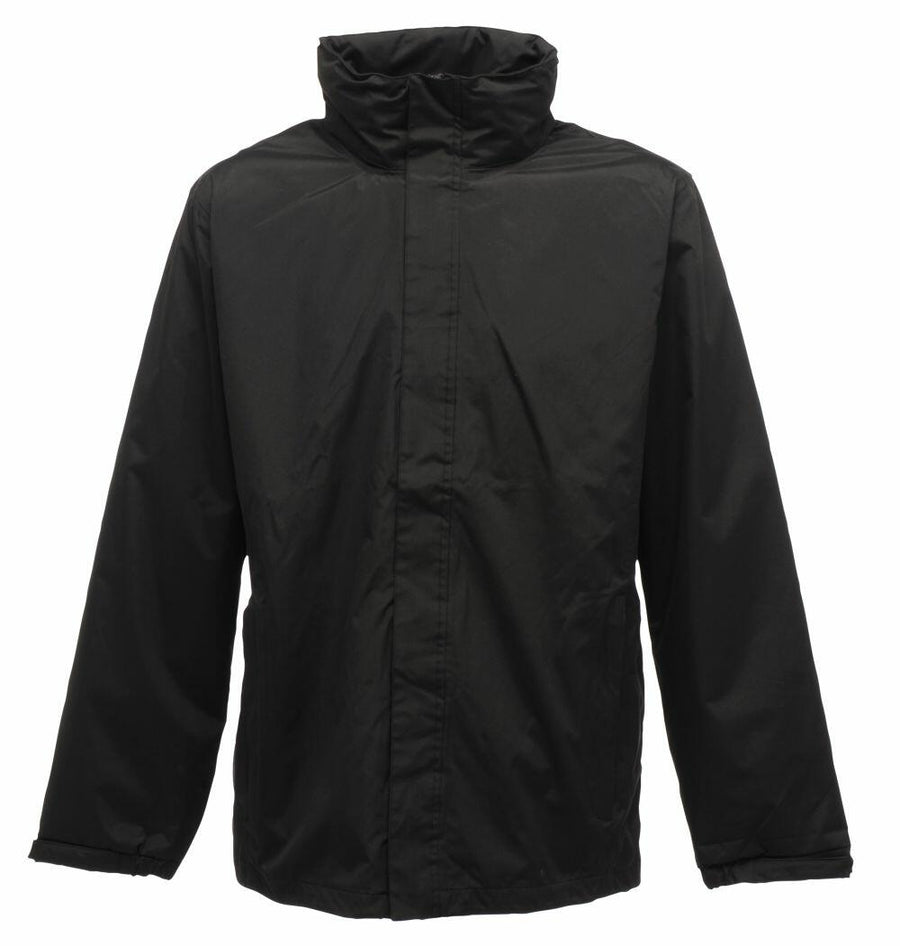 Regatta Professional's SN100 jacket in black, designed with a waterproof construction, high collar, and full-length sleeves.