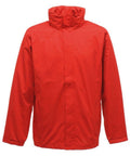 A vibrant red SN100 rain jacket from Regatta Professional, featuring a high collar and long sleeves, showcased against a simple white background.