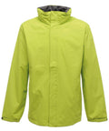 Introducing the SN100 by Regatta Professional: a vibrant green hooded rain jacket featuring long sleeves and a zippered front closure. Crafted to be waterproof with a high collar for enhanced protection, its sleek and functional design is complemented by a black inner lining.