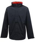 Introducing the SN100 from Regatta Professional: This black jacket features a high collar and a striking red inner lining, coupled with long sleeves and a front zipper closure to ensure warmth and protection.