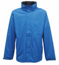 The SN100 by Regatta Professional is a blue waterproof jacket that has a high collar and long sleeves. It features a front zipper covered by a flap for enhanced protection against the elements.