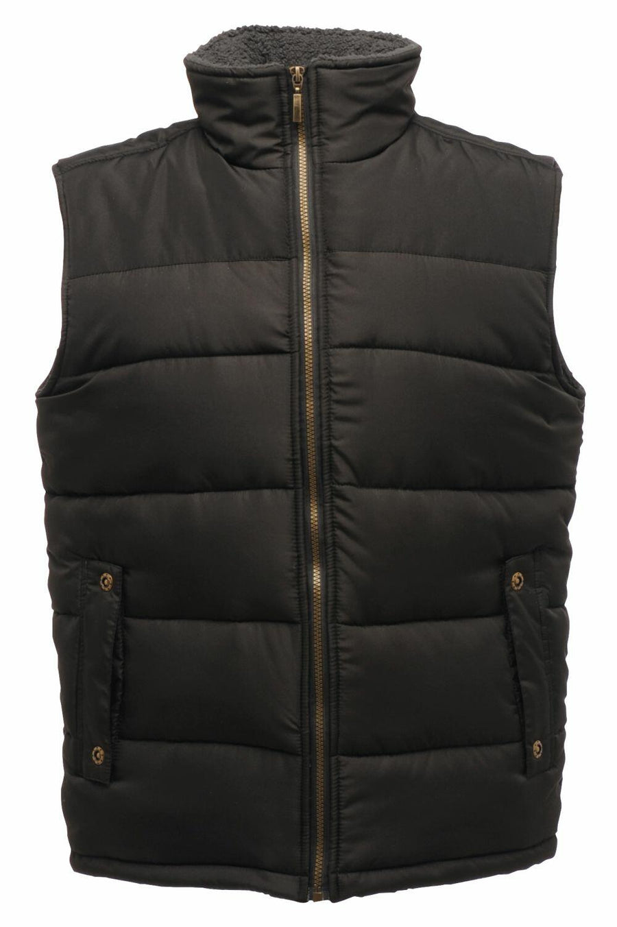 Regatta Professional's SN104 is a black puffer vest featuring a front zipper and two buttoned pockets.