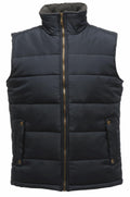 The Regatta Professional SN104 is a black puffer vest featuring a zip front and two buttoned pockets, crafted for warmth.