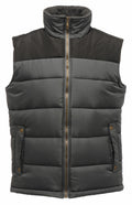 A SN104 puffy vest by Regatta Professional in gray and black featuring a front zip, high collar, and two buttoned pockets.
