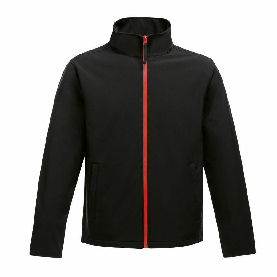 The Regatta Professional SN130 jacket is black with a high collar and a red zipper, and it includes two front pockets.