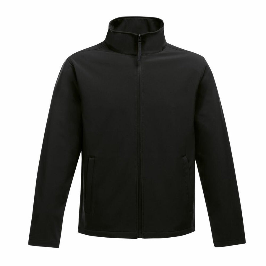 Regatta Professional's SN130 black zip-up jacket features a high collar and two front pockets, showcased on a white background.