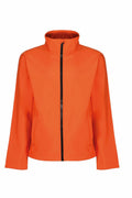 The SN130 jacket from Regatta Professional, featuring an orange color with a high collar and black zipper, is displayed against a white background. It boasts long sleeves and exhibits a simple, modern design.
