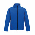 Check out the SN130 jacket by Regatta Professional: a plain blue jacket featuring a stand-up collar, front zipper, two side pockets, and long sleeves, showcased against a plain white background.