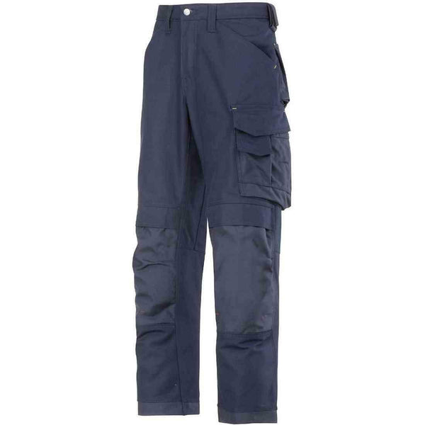 Snickers Navy blue cargo pants featuring multiple pockets, reinforced knees, and belt loops. The Snickers X_SN3214 pants have a relaxed fit and a zippered fly with a button closure. Suitable for work or casual wear.