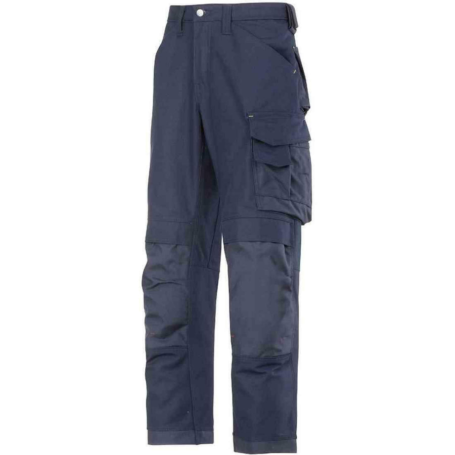 Snickers Navy blue cargo pants featuring multiple pockets, reinforced knees, and belt loops. The Snickers X_SN3214 pants have a relaxed fit and a zippered fly with a button closure. Suitable for work or casual wear.
