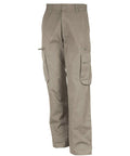 Kariban's SP105 khaki cargo pants, featuring multiple pockets and a button closure, are showcased against a white background.