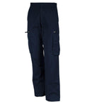 Kariban's SP105 features cargo pants in navy blue, designed with side pockets, a button closure, and belt loops. The pants are shown upright against a white background.