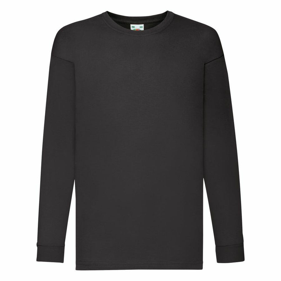 A long-sleeve T-shirt in plain black from Fruit of the Loom, model SS007, is displayed against a white background.