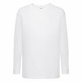 A plain SS007 long-sleeve T-shirt from Fruit of the Loom, featuring a crew neck, is centered against a white background. The T-shirt is simple, with no visible patterns or designs, and the fabric appears smooth and slightly reflective.