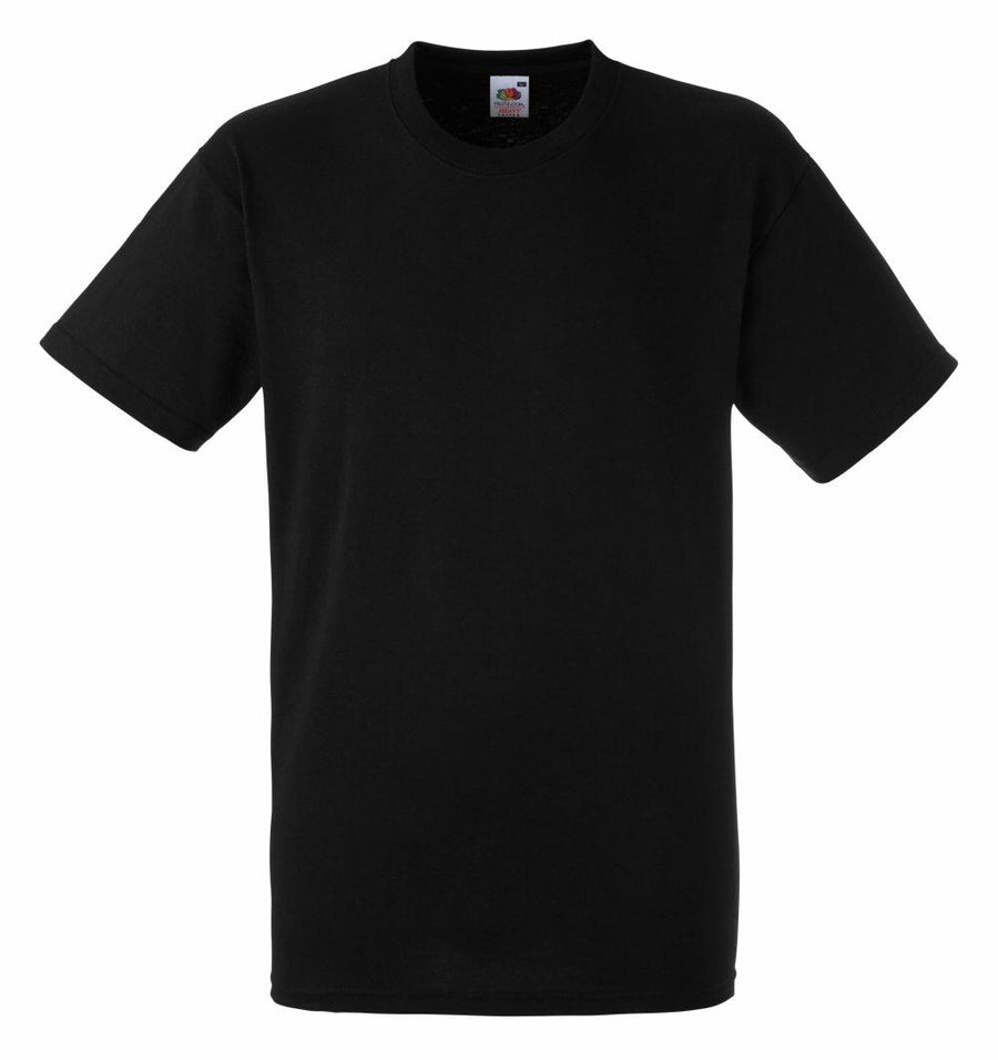 A black SS008 T-shirt from Fruit of the Loom featuring short sleeves and a crew neck, presented against a white background.