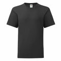 Fruit of the Loom's SS023, a plain black T-shirt featuring a round neckline and short sleeves, displayed against a white background.