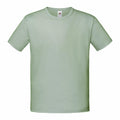 Introducing the SS023 from Fruit of the Loom: a plain light green t-shirt set against a white background, showcasing its simple design with a round neckline and short sleeves.