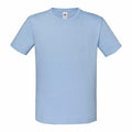 A Fruit of the Loom SS023 T-shirt in light blue is showcased against a simple white background. This short-sleeve shirt features a crew neck and includes a small visible tag at the neckline.