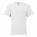 The Fruit of the Loom SS023 T-shirt is a plain white unisex garment showcased against a simple backdrop. It features a round neckline and short sleeves.
