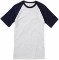 Fruit of the Loom's SS026 is a short-sleeved raglan t-shirt featuring a light gray body and dark blue sleeves.