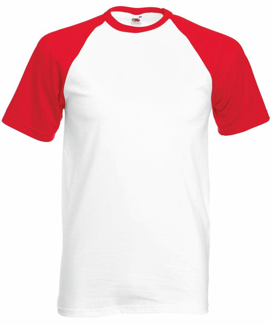 A white t-shirt with red raglan sleeves and a red neckline, Fruit of the Loom SS026.