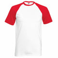 The Fruit of the Loom SS026 is a classic baseball-style T-shirt, featuring white fabric with red raglan sleeves, showcased against a plain white background.