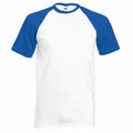 The product is a Fruit of the Loom T-shirt (SS026) featuring plain white fabric with blue raglan sleeves and collar.