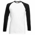 Product SS028, a long-sleeve shirt from Fruit of the Loom, featuring white fabric with black raglan sleeves, displayed on a plain white background.