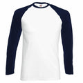 Product SS028, a Fruit of the Loom design, is showcased as a white raglan shirt featuring long black sleeves against a simple background.