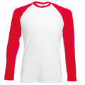 The SS028 by Fruit of the Loom is a long-sleeve raglan t-shirt featuring a white body with vibrant red sleeves, displayed flat on a white background.
