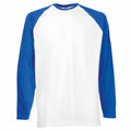 The Fruit of the Loom SS028 is a long-sleeved baseball shirt featuring a white body and blue sleeves.