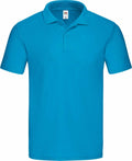A plain blue polo shirt from Fruit of the Loom, featuring a folded collar and short sleeves, is shown against a white background. Product code: SS029.