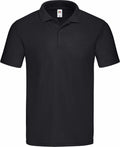Introducing the SS029 by Fruit of the Loom, a classic black polo shirt featuring a collar, short sleeves, and a button-up neckline.