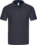 The SS029 by Fruit of the Loom is a plain black polo shirt featuring short sleeves and a collared neckline, complete with a three-button placket and crafted from smooth cotton fabric.
