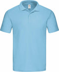 The Fruit of the Loom SS029 is a light blue polo shirt featuring a collar and short sleeves, complete with three buttons. It is showcased on a plain white background.