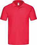 The Fruit of the Loom SS029 is a red polo shirt with short sleeves and a collar, featuring a two-button placket down the front. The fabric is smooth with a hint of texture.