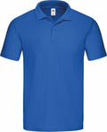 Introducing the Fruit of the Loom SS029: a smooth, lightweight polo shirt in plain blue, featuring a collar and button-up front with short sleeves.