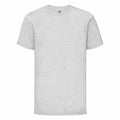 Product SS031 by Fruit of the Loom is displayed against a white backdrop. This gray short-sleeved T-shirt features a smooth and plain fabric, complemented by a round neckline. Positioned centrally in the image, it highlights its simple and classic design.