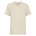 The Fruit of the Loom SS031 is showcased against a white background, featuring a plain, light beige design with short sleeves and a round neckline. The T-shirt appears to be crafted from cotton fabric.
