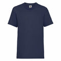 The Fruit of the Loom SS031 features a plain dark blue design with a round neck and short sleeves, set against a white background.
