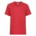 A Fruit of the Loom SS031 T-shirt, featuring a plain red design, short sleeves, and a round neckline, is displayed against a white background, embodying classic casual wear style.
