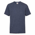 A plain, dark blue T-shirt from Fruit of the Loom, model SS031, is displayed against a white background. The shirt features short sleeves and a round neckline, with a small label visible on the inside of the collar.
