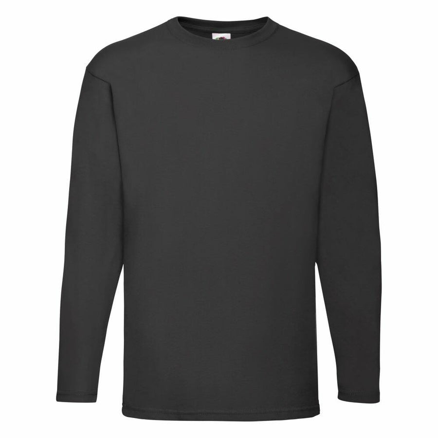 A plain, long-sleeve SS032 black t-shirt from Fruit of the Loom displayed against a white background.