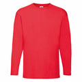 A plain red long-sleeve t-shirt, featuring a crew neckline and displayed on a white background, from the Fruit of the Loom brand and identified as product SS032.